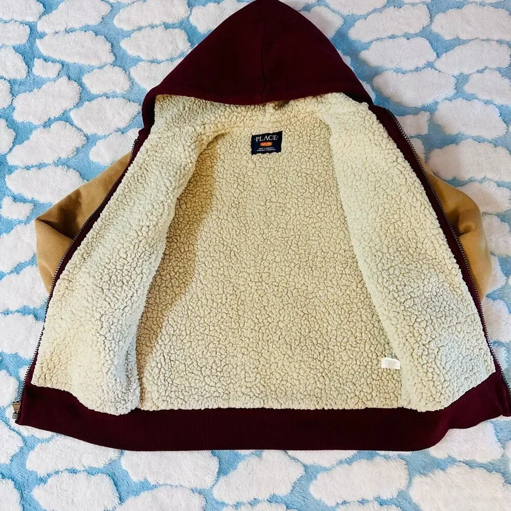 Boys Varsity Sherpa-Lined Zip-Up Hoodie - Burgundy Size 7/8